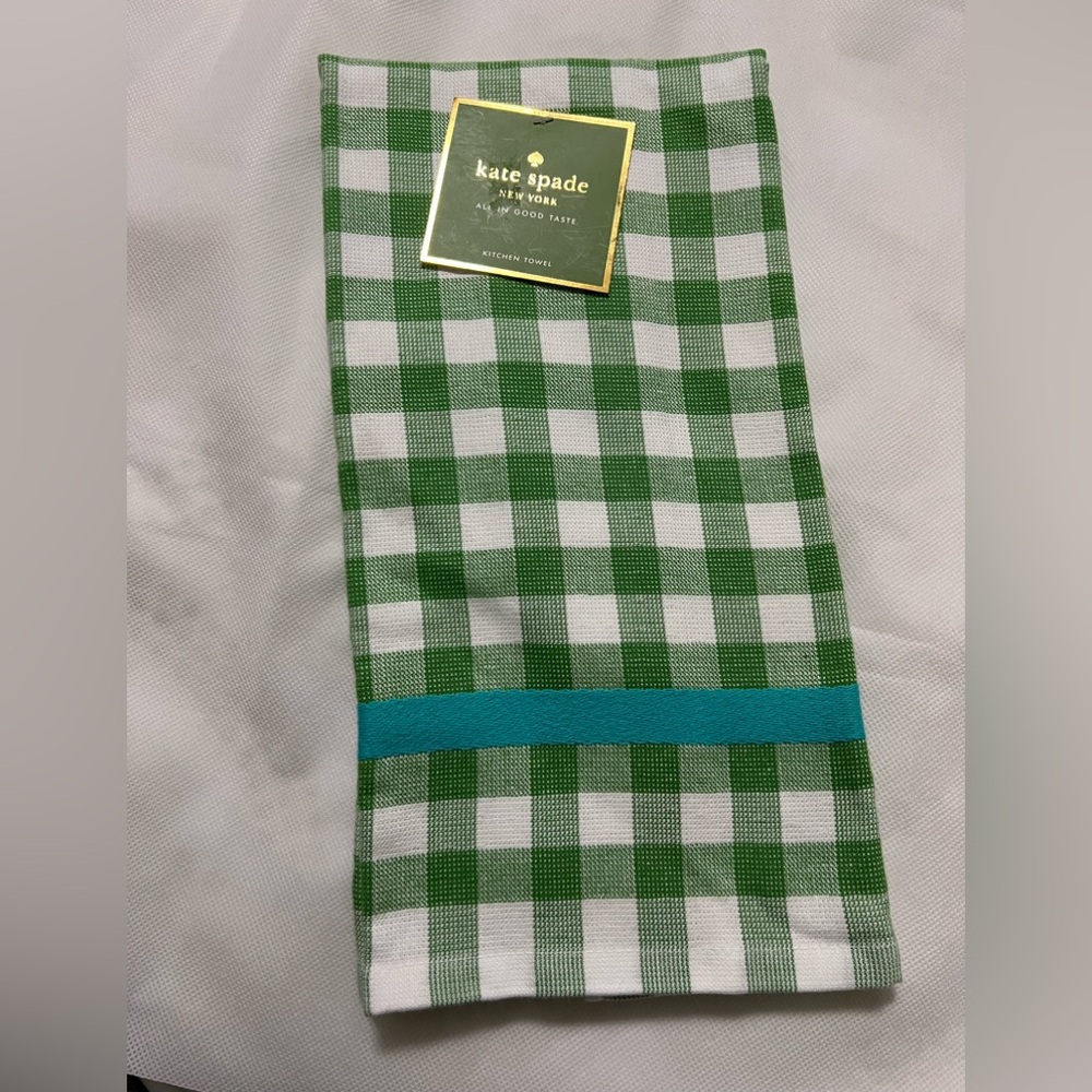 Kate Spade Set of 2 - Green and White Checkered Towel with Blue Stripe